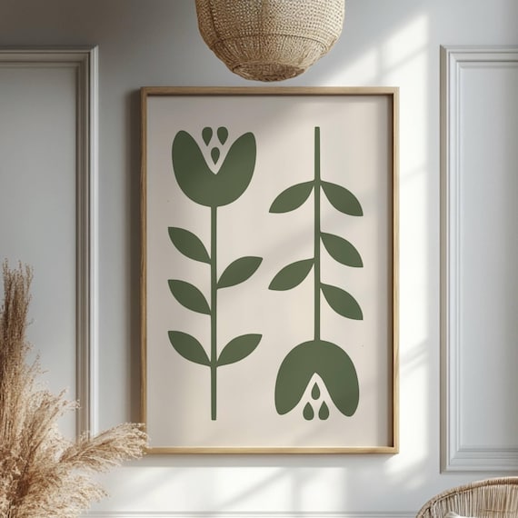 Green Abstract Floral Tulip Minimalist Botanical Neutral Modern Wall Art