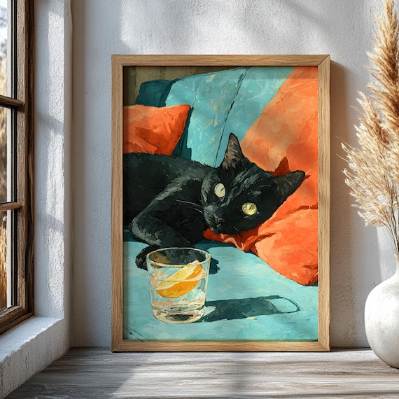 Black Cat Lounging On Teal Sofa With Citrus Drink Oil Art Poster