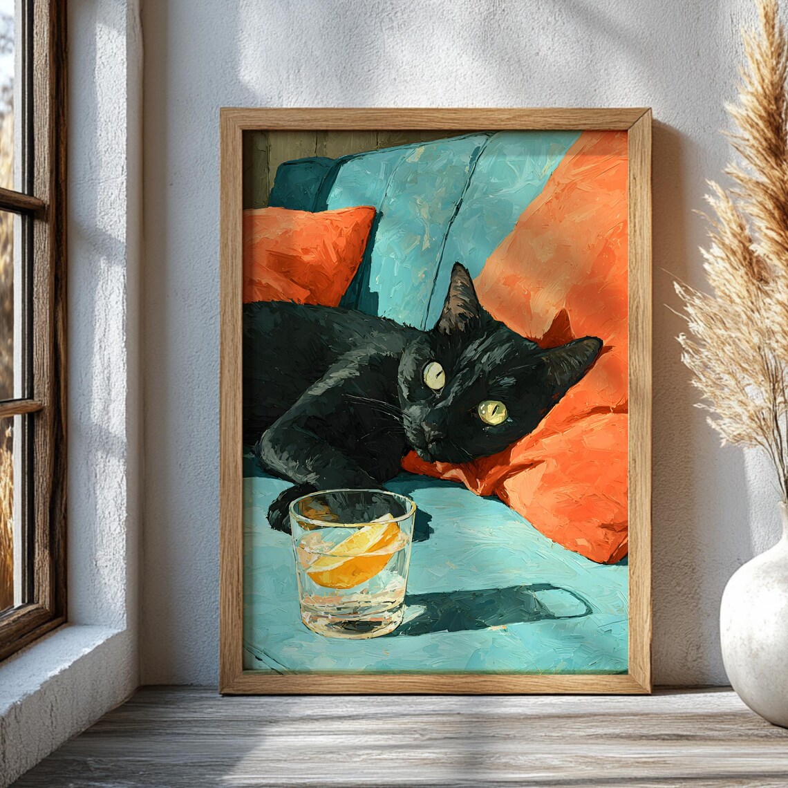Black Cat Lounging On Teal Sofa With Citrus Drink Oil Art Poster