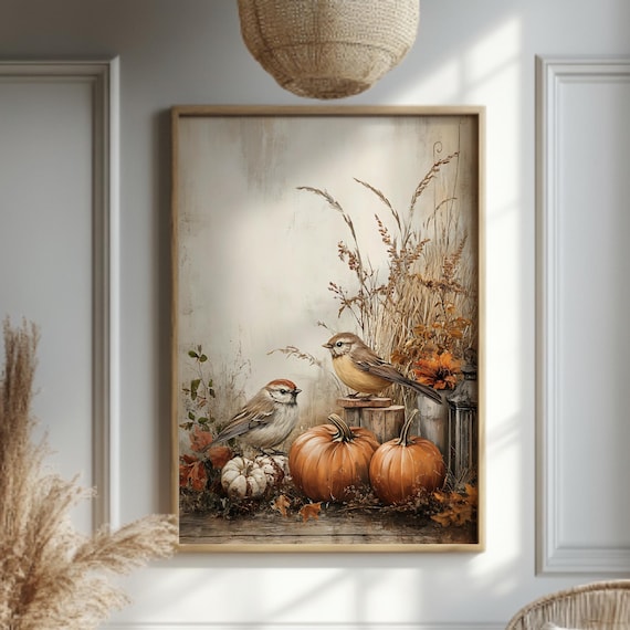 Birds And Pumpkins Wall Art Autumn Botanical Print Rustic Fall Farmhouse Decor Seasonal Nature Poster Cozy Harvest Home Artwork