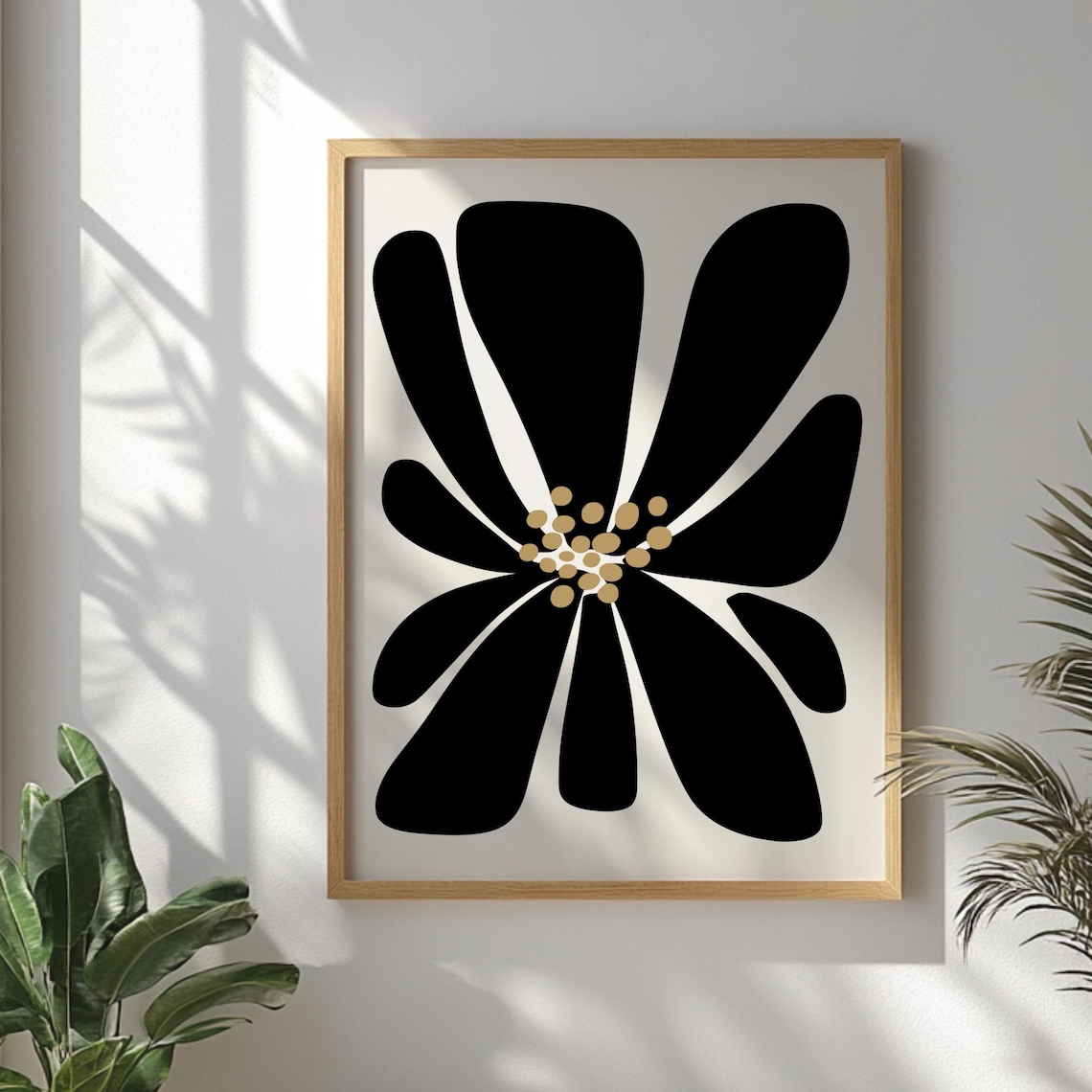 Bold Black Floral Silhouette Modern Botanical Gold Center Art Poster
