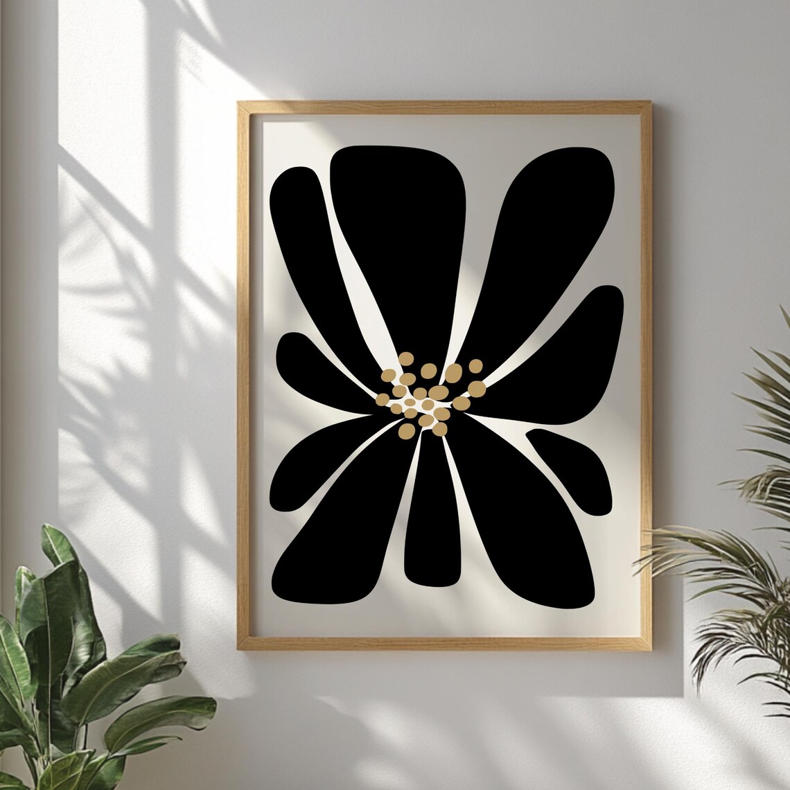 Large Abstract Flower Printed Wall Art Modern Floral Black Boho Botanical Artwork For Living Room Or Bedroom Decor