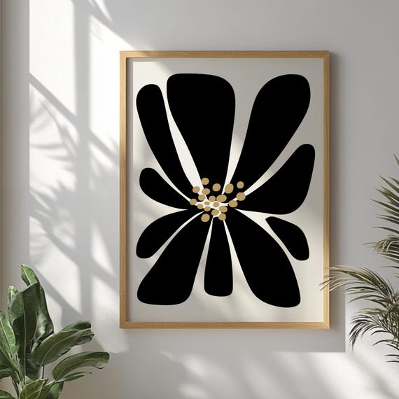 Large Abstract Flower Printed Wall Art Modern Floral Black Boho Botanical Artwork For Living Room Or Bedroom Decor