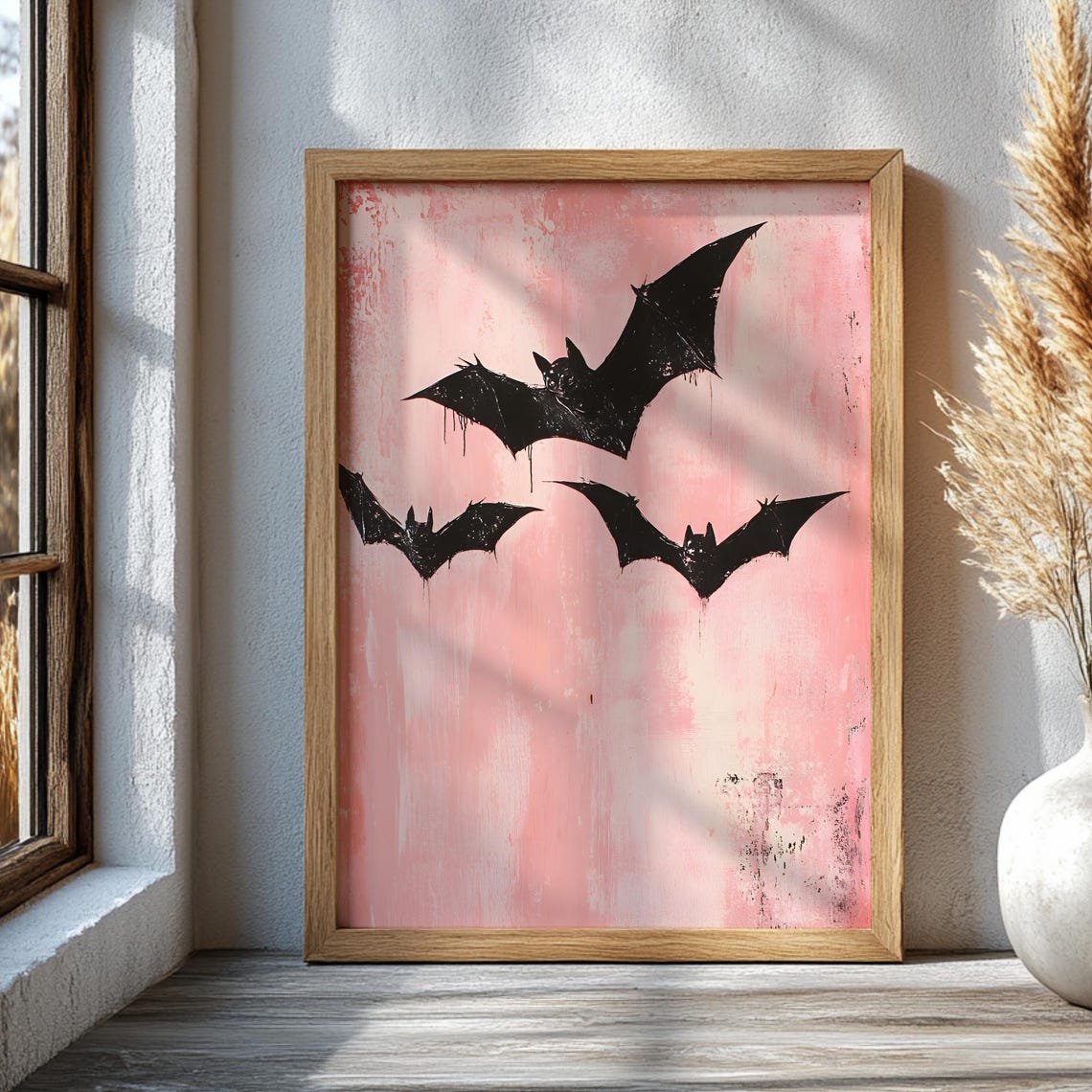 Pink Halloween Bats Flying Black Silhouette Spooky Gothic Poster