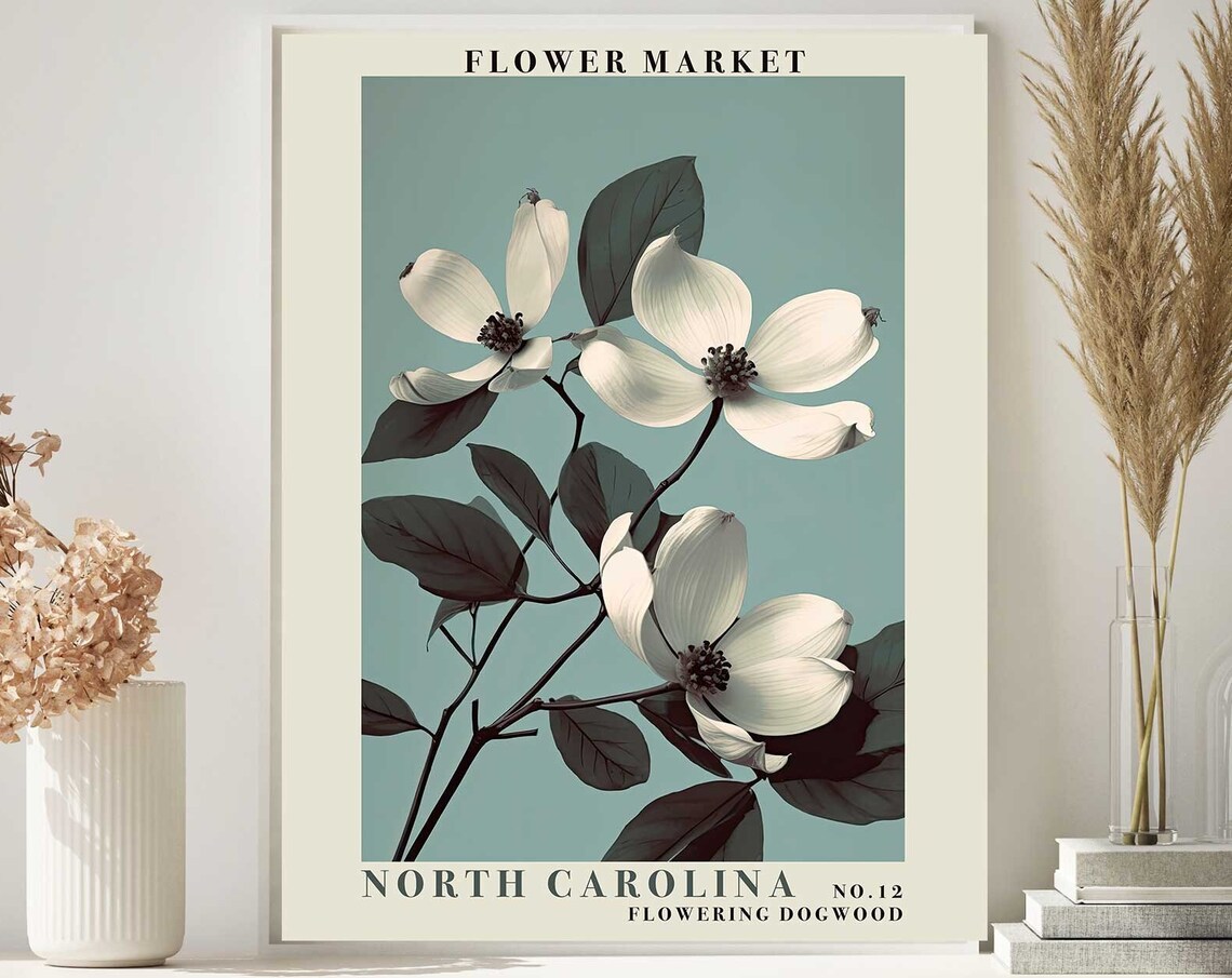 North Carolina Dogwood Blooms on Teal Botanical Flower Market Poster