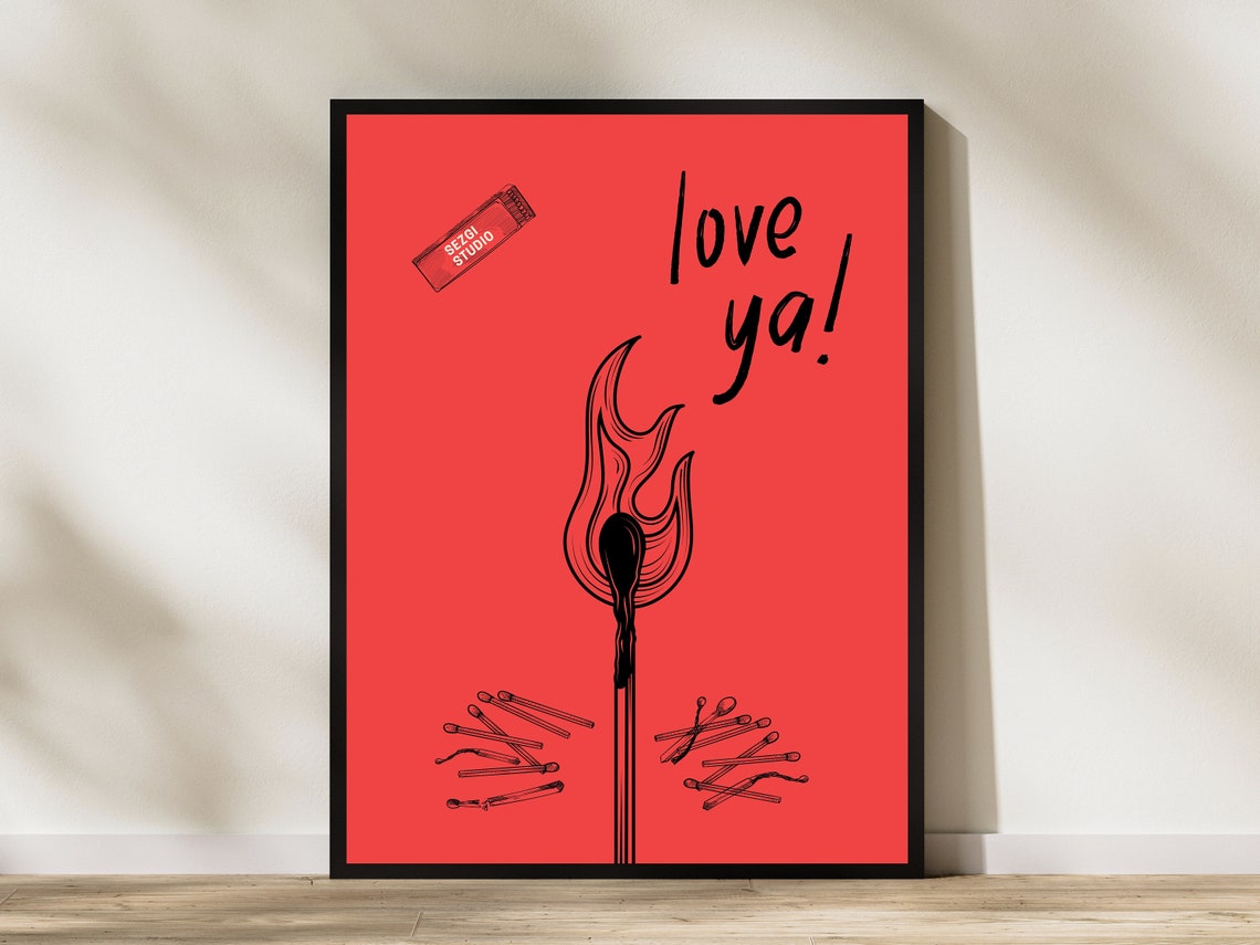Love Ya Burning Match Red Background Retro Hand Drawn Poster