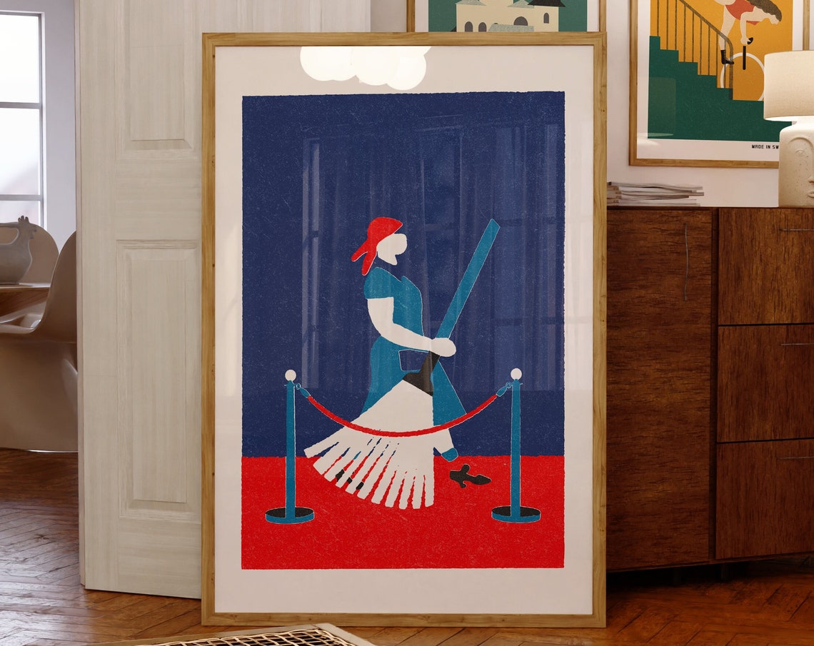 Woman Mopping Behind Velvet Rope Retro Illustration Poster Quirky - Image 3