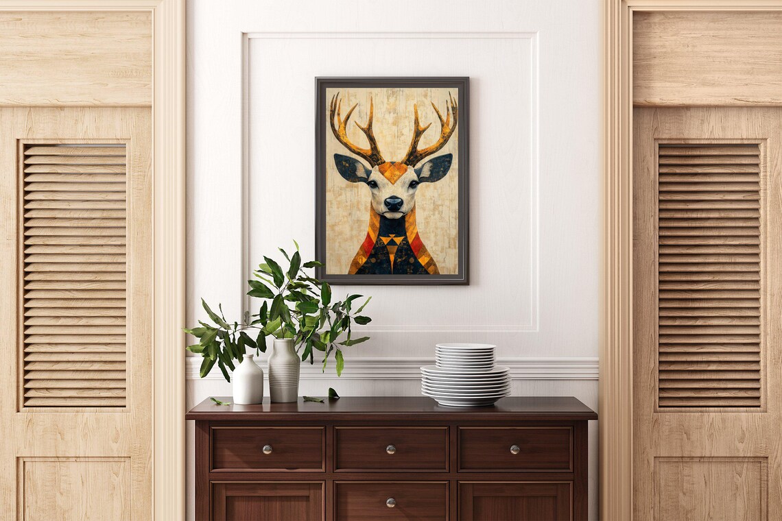 Geometric Golden Stag Portrait in Amber Tones With Vintage Texture Poster - Image 2
