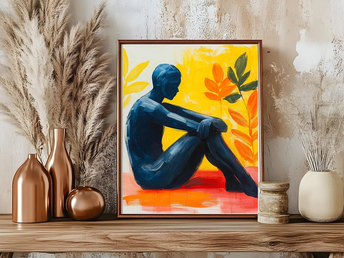 Cobalt Blue Seated Nude Figure on Radiant Yellow Backdrop Art Poster - Image 5