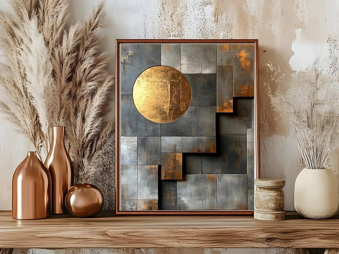 Abstract Geometric Wall Art Modern Gold Circle And Rectangles Print Unique Contemporary Design Home Dcor - Image 5