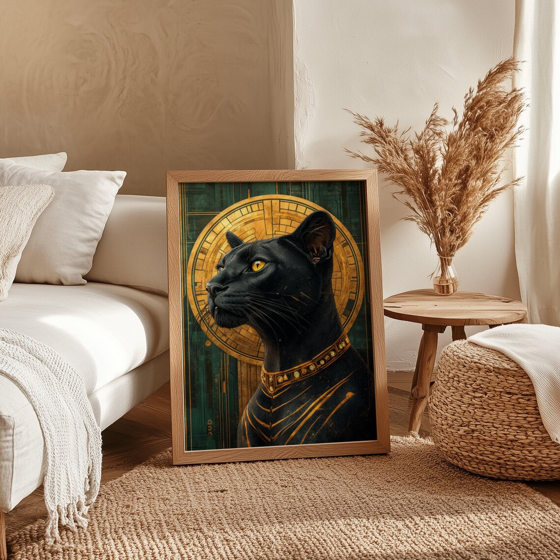 Regal Egyptian Black Cat With Golden Halo and Jeweled Collar Poster - Image 4