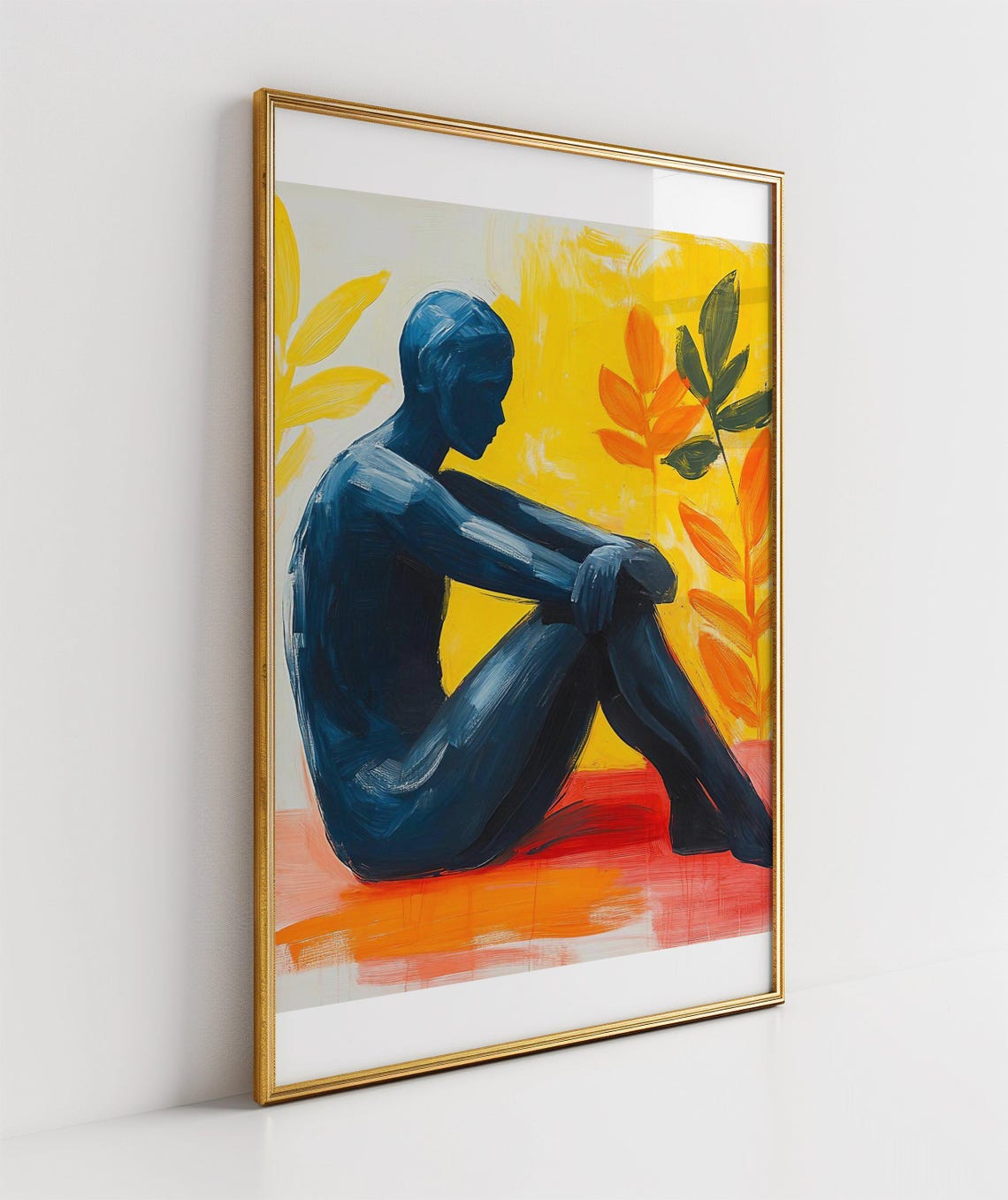 Cobalt Blue Seated Nude Figure on Radiant Yellow Backdrop Art Poster - Image 3