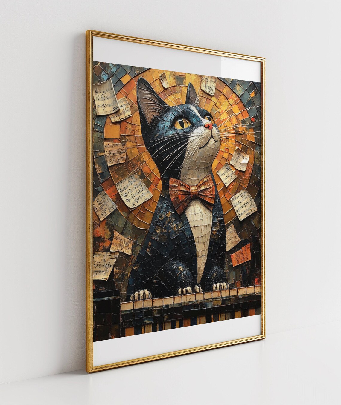 Funny Tuxedo Cat at Piano Poster With Bow Tie and Mosaic Style - Image 3