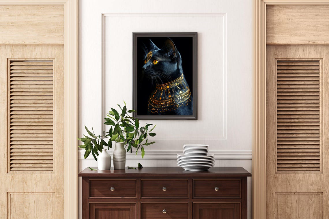 Ancient Egyptian Black Cat With Golden Jewelry Collar Poster - Image 2