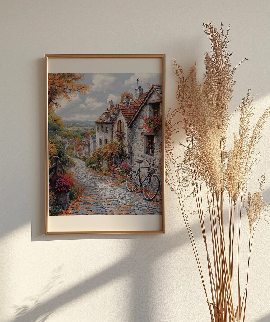 French Village Cobblestone Street Autumn Bicycle Scene Poster - Image 2