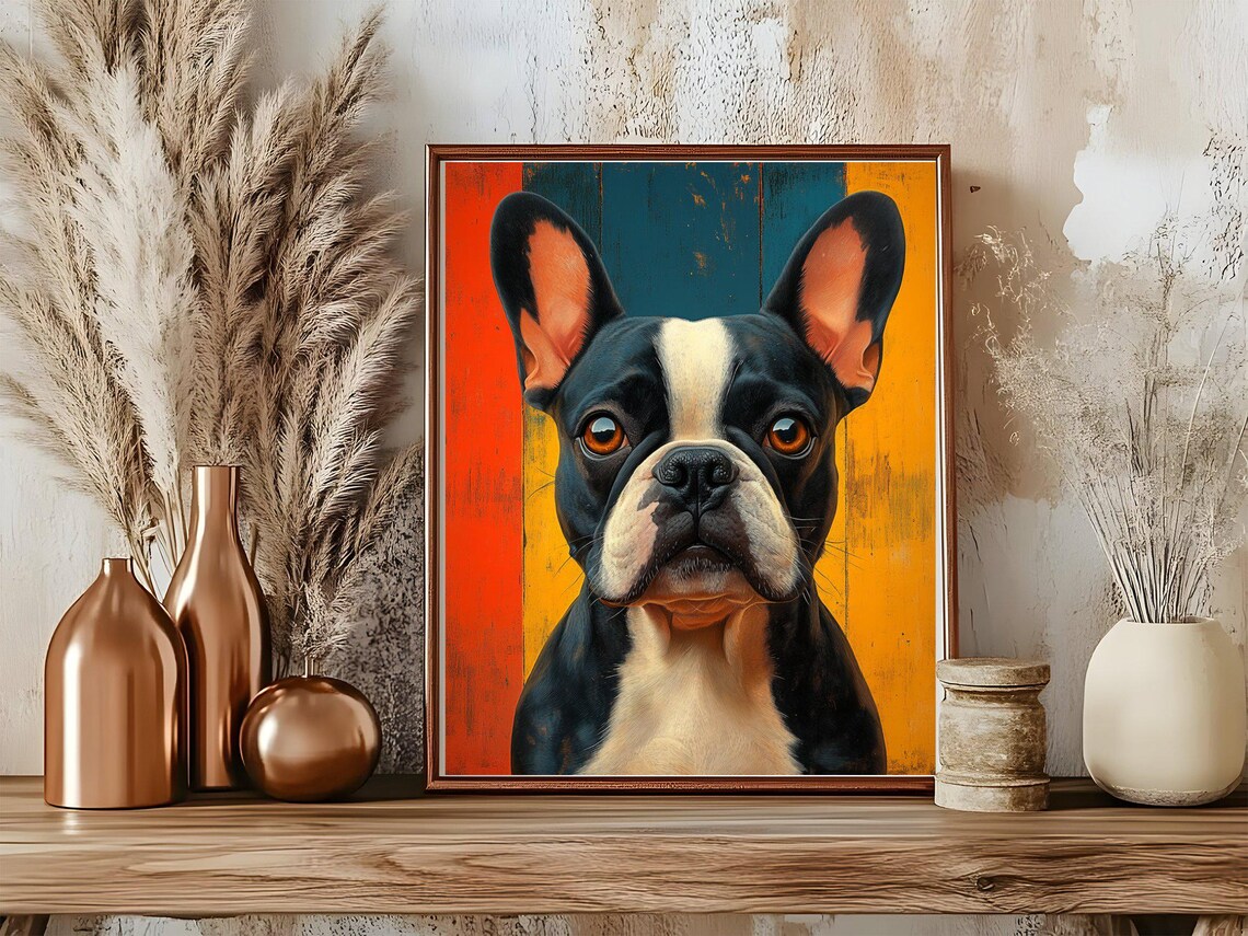Black and White French Bulldog Bold Retro Striped Art Poster - Image 5