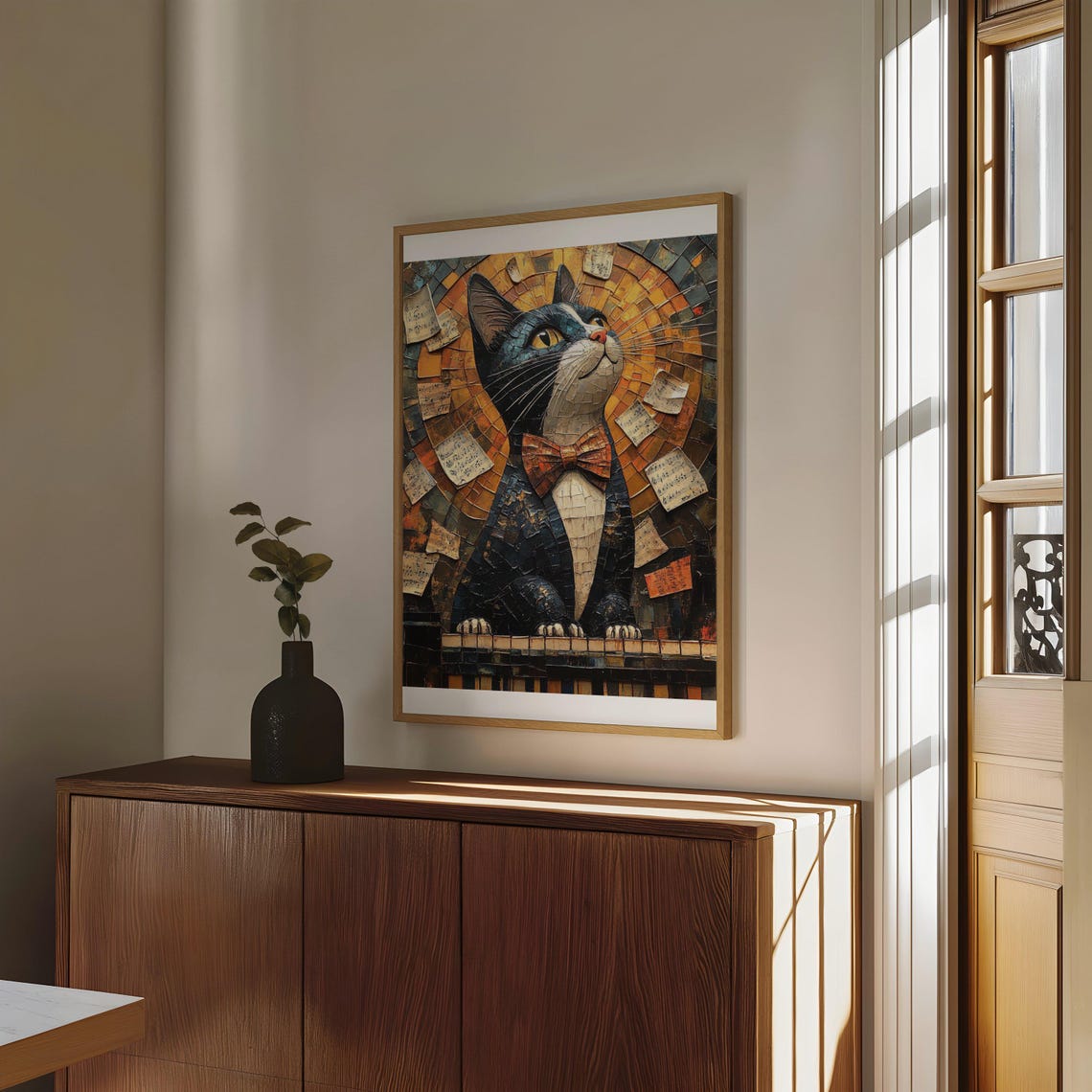 Funny Tuxedo Cat at Piano Poster With Bow Tie and Mosaic Style - Image 4