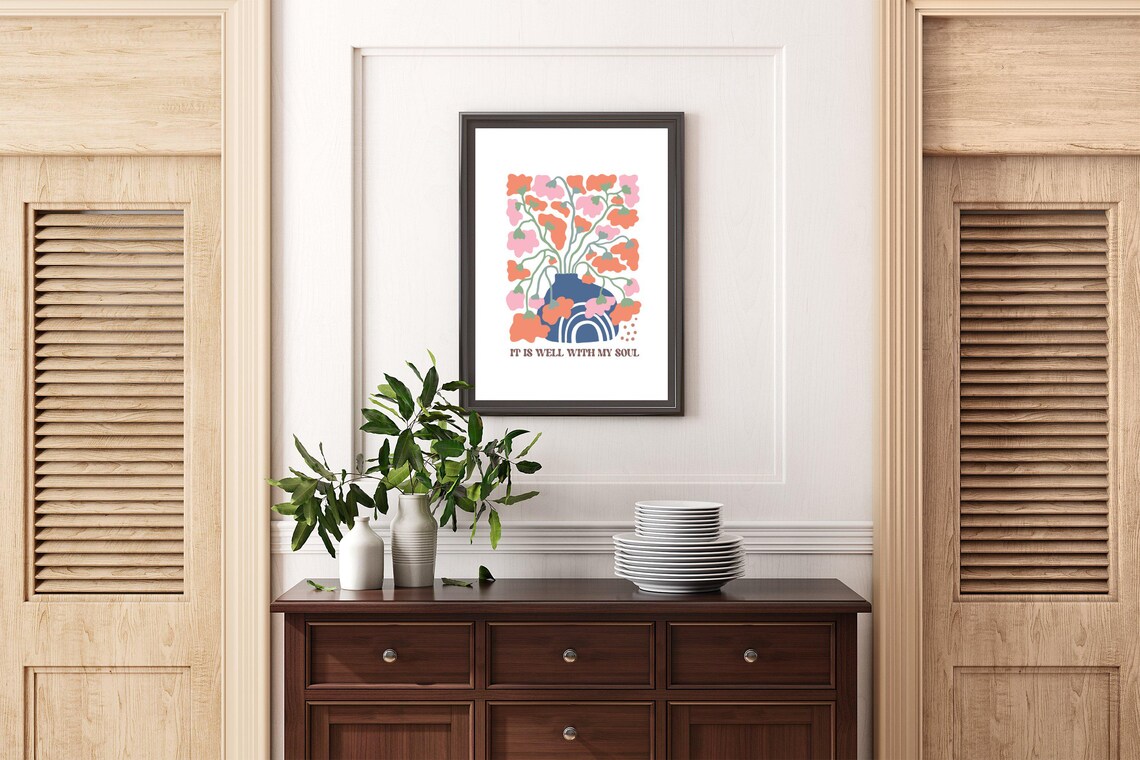 It Is Well With My Soul Abstract Floral Vase Retro Quote Poster - Image 2