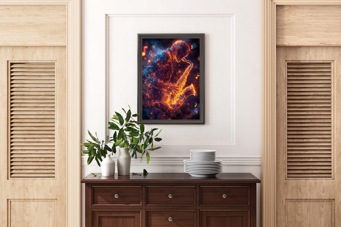 Glowing Particle Saxophonist Playing A Golden Saxophone Wall Art - Image 2