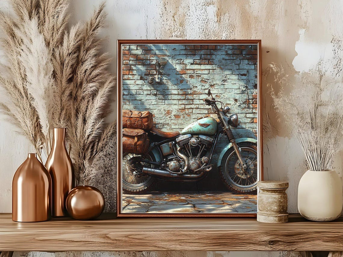 Vintage Teal Motorcycle Poster Rustic Brick Wall Retro Bike Decor - Image 5