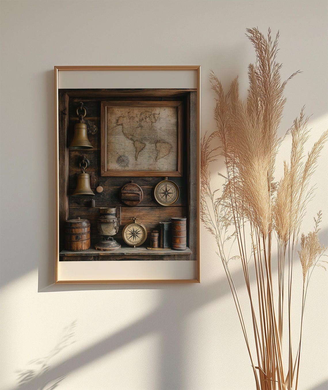 Antique Nautical Shelf with Bells Compass and Map Art Poster - Image 2