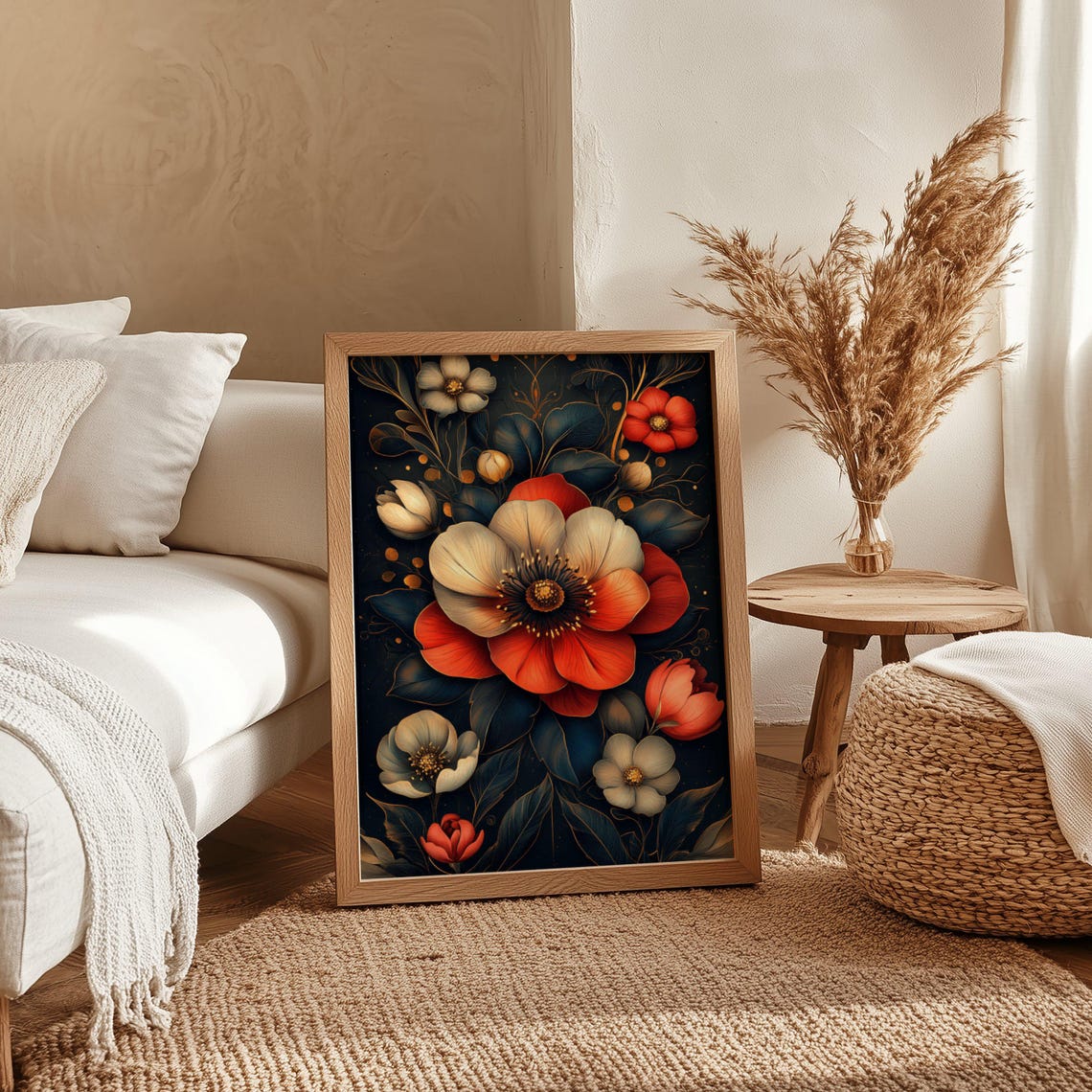 Moody Red And White Flowers On Dark Botanical Floral Wall Art - Image 4