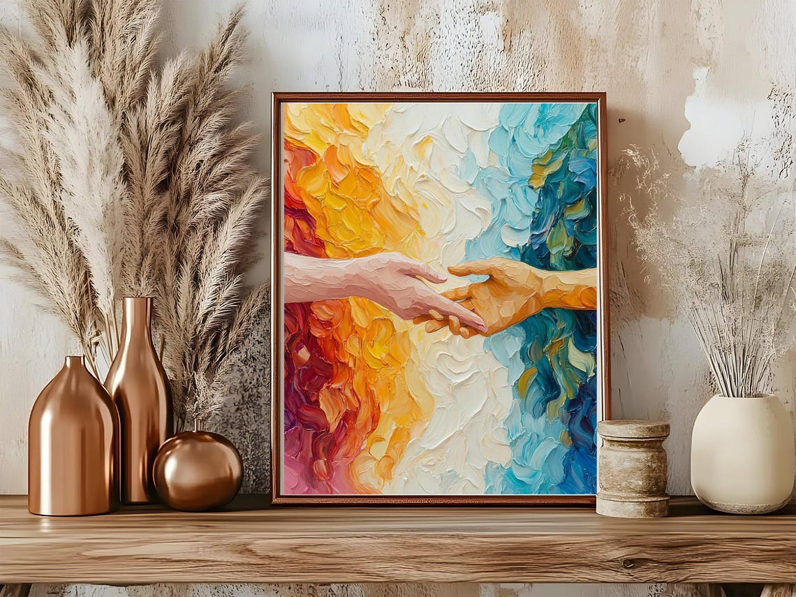 Reaching Hands Poster Colorful Impasto Painting Love Connection Art - Image 5