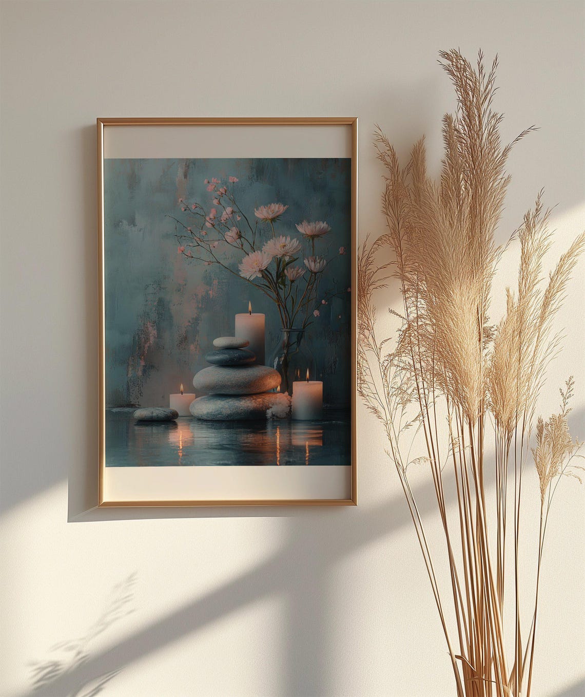 Tranquil Zen Garden Poster With Candles Stones and Pink Blossoms - Image 2