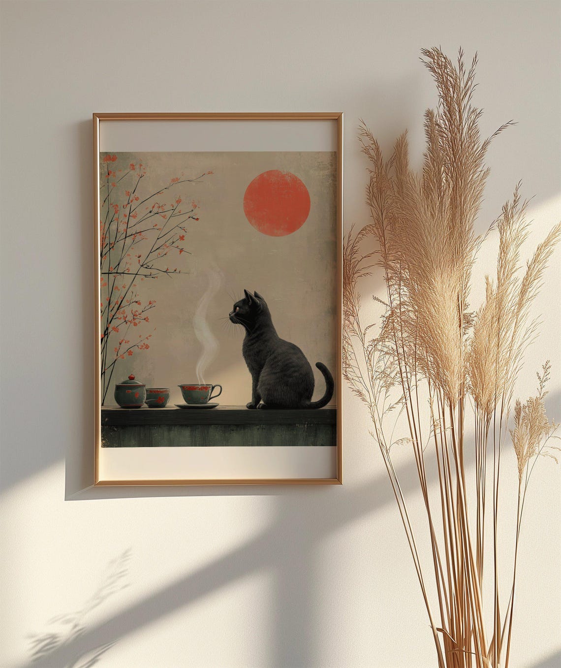 Black Cat With Tea Poster In Japanese Style With Red Sun Blossoms - Image 2