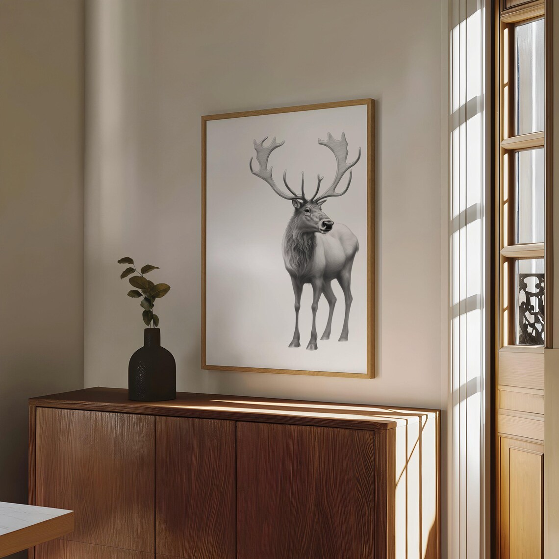 Stag Deer With Large Antlers Black and White Wildlife Art Poster - Image 4