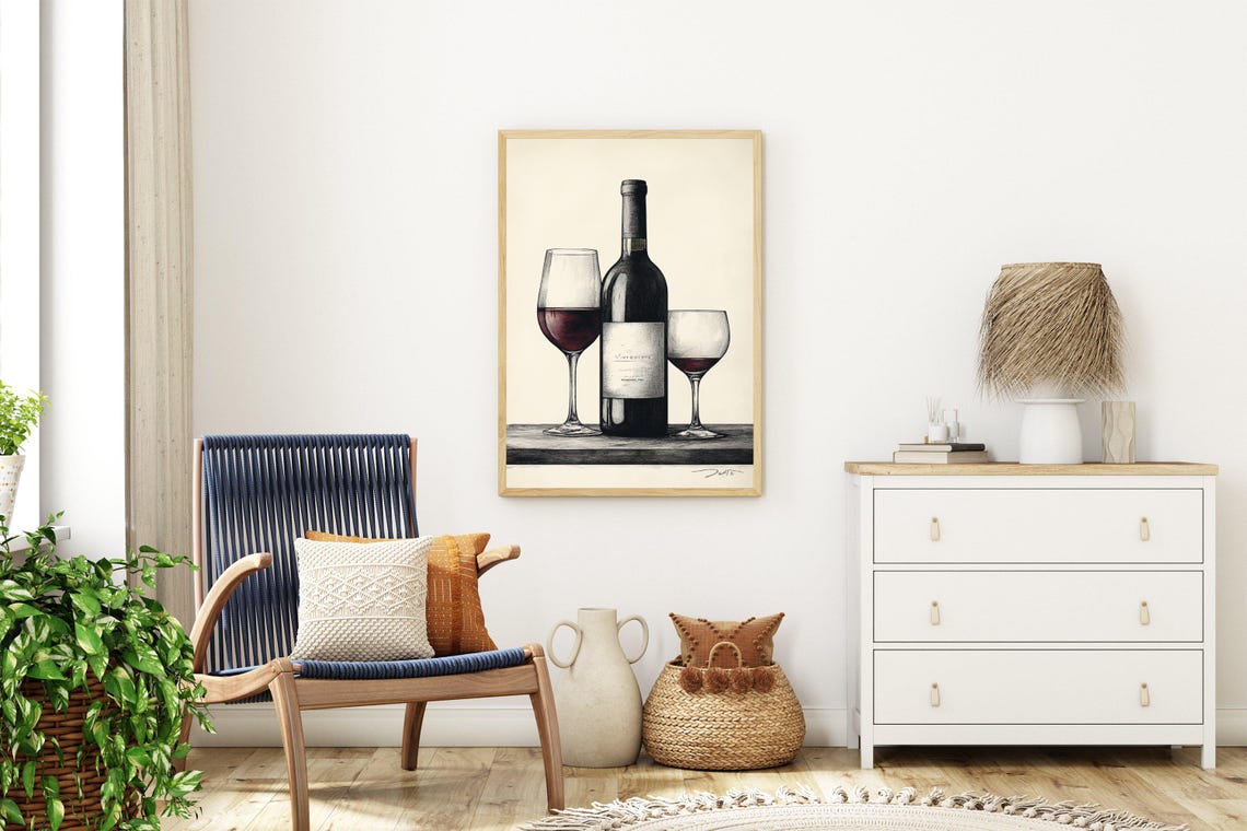 Wine Bottle and Two Glasses Sketch Poster For Elegant Dining - Image 3