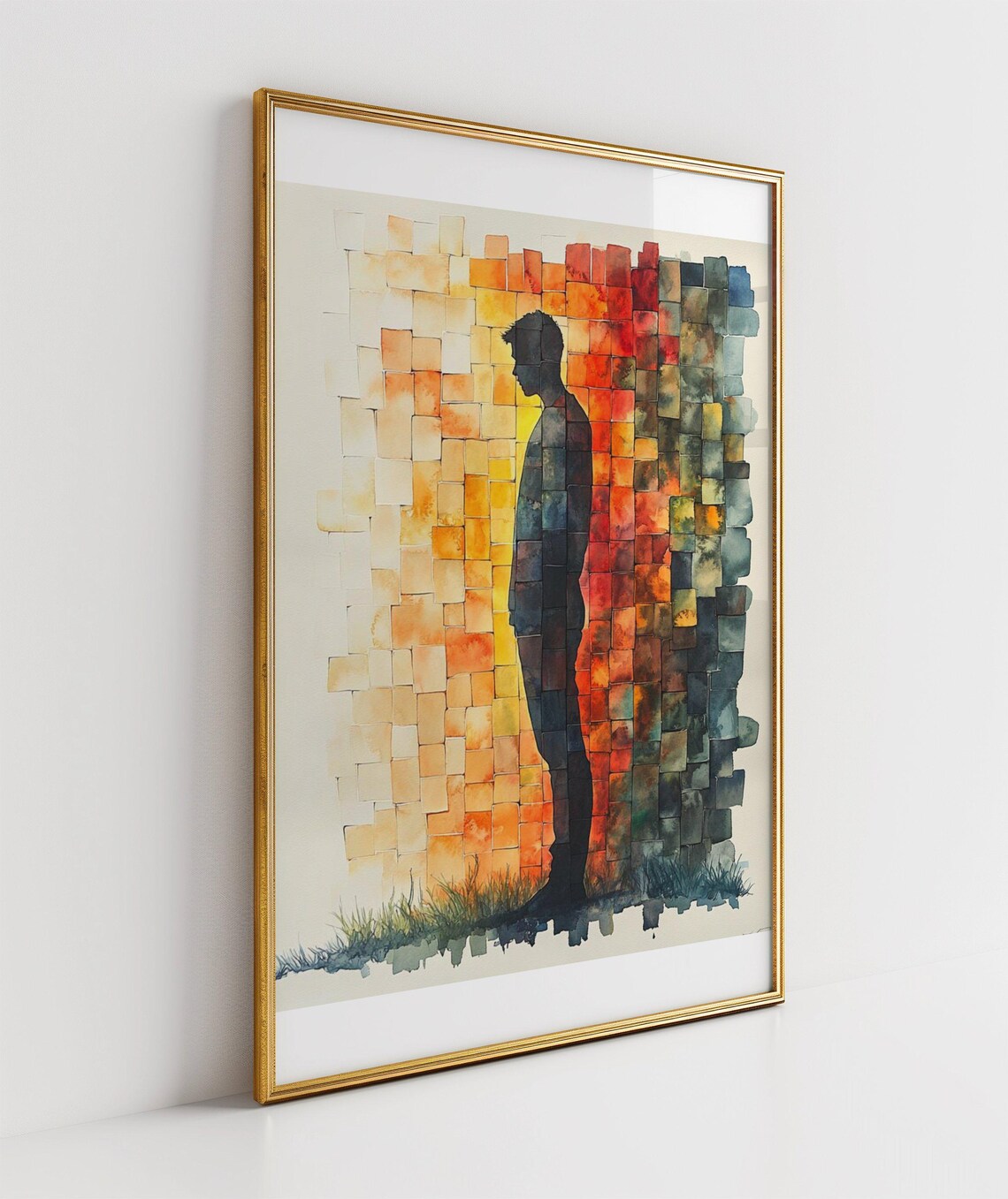 Man Silhouette Poster Colorful Watercolor Mosaic Thoughtful Decor Art - Image 3
