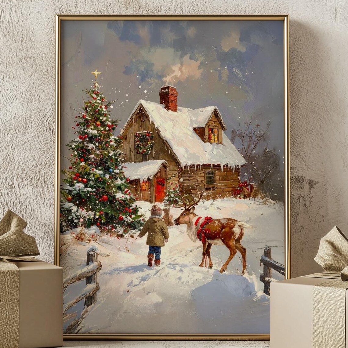 Christmas Cabin with Reindeer and Child Vintage Holiday Painting Poster