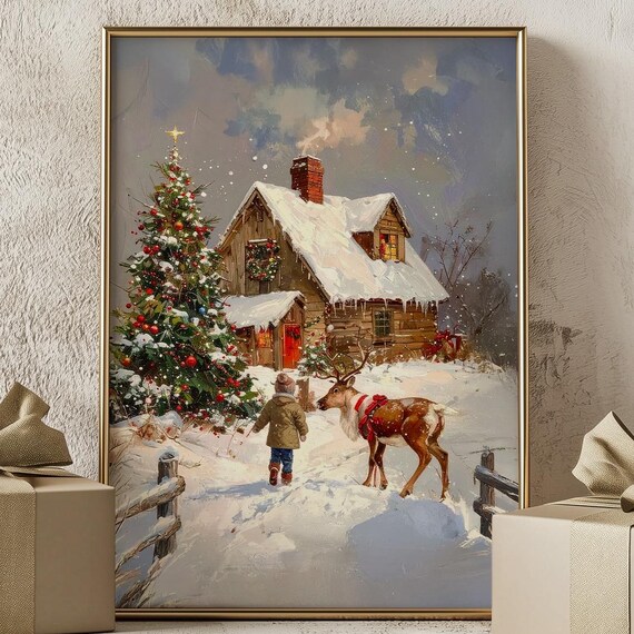 Christmas Cabin with Reindeer and Child Vintage Holiday Painting Poster