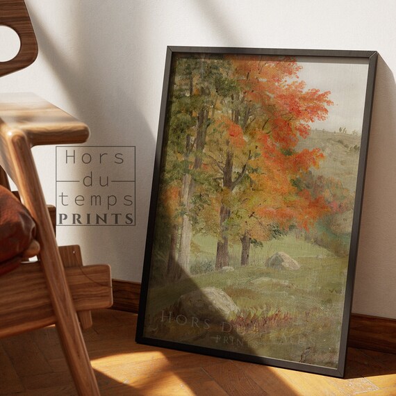 Warm Tonal Autumn Trees Green Meadow Antique Landscape Poster