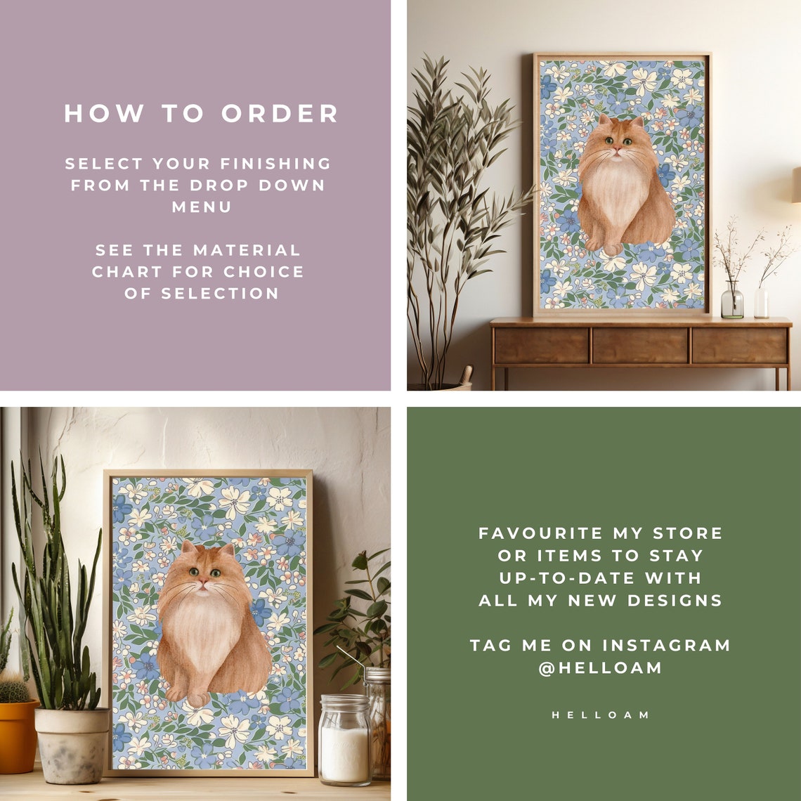 Fluffy Orange Cat Blue Floral Background Cute Bathroom Cat Lover Print - Image 3