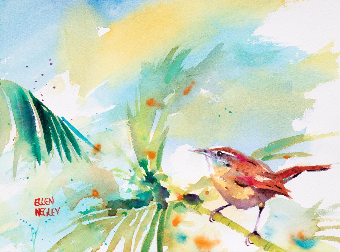 Carolina Wren Watercolor Art Print, Tropical Florida