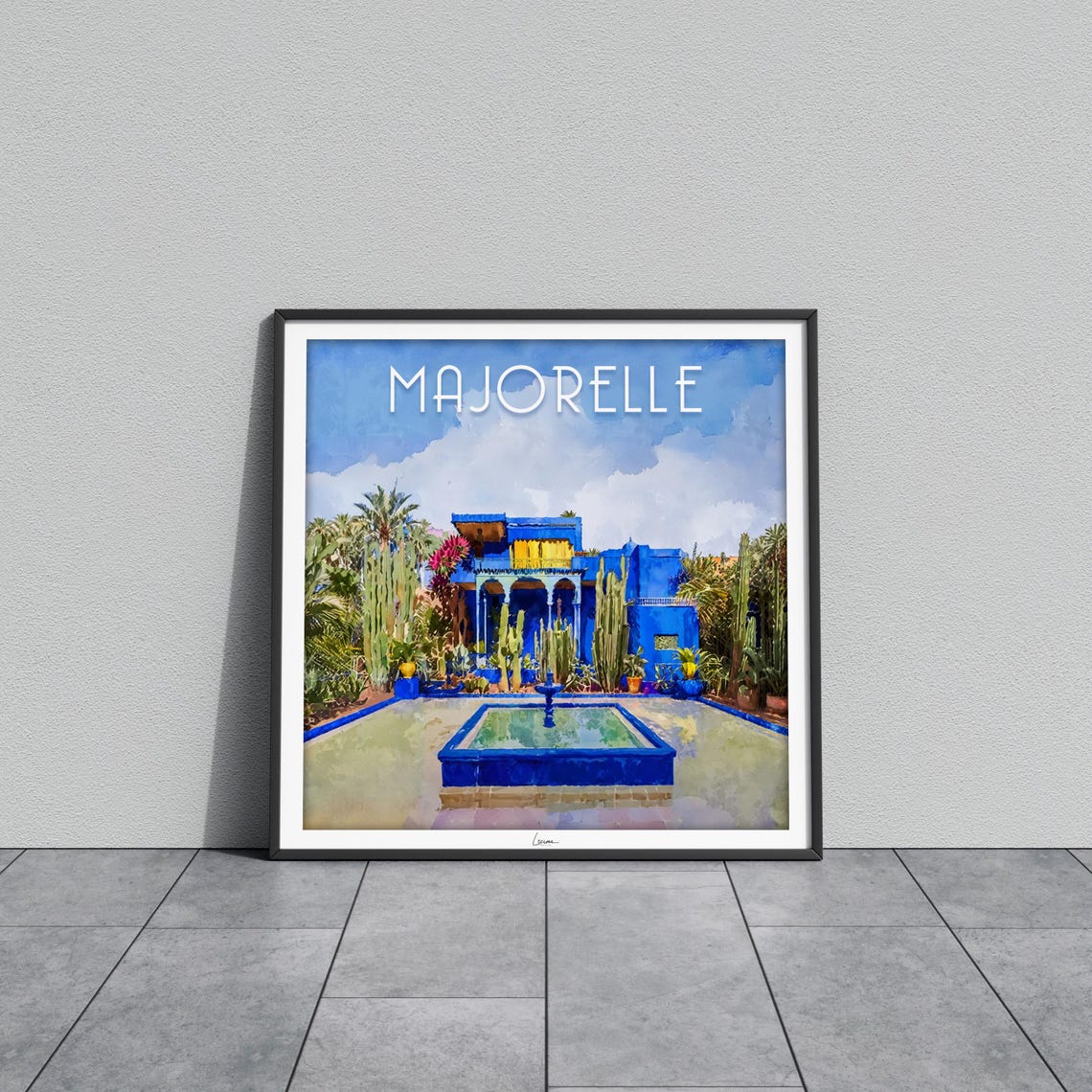 Majorelle Blue Fountain Courtyard Pool Reflection Watercolor Poster