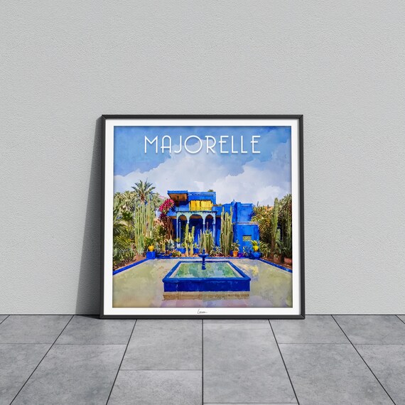 Majorelle Blue Fountain Courtyard Pool Reflection Watercolor Poster