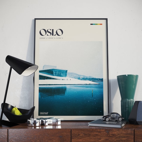 Oslo Norway Opera House Snowy Waterfront Winter Retro Travel Poster