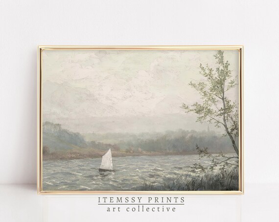Lake Sailboat Painting Misty Shore Single White Sail Nautical Wall Poster