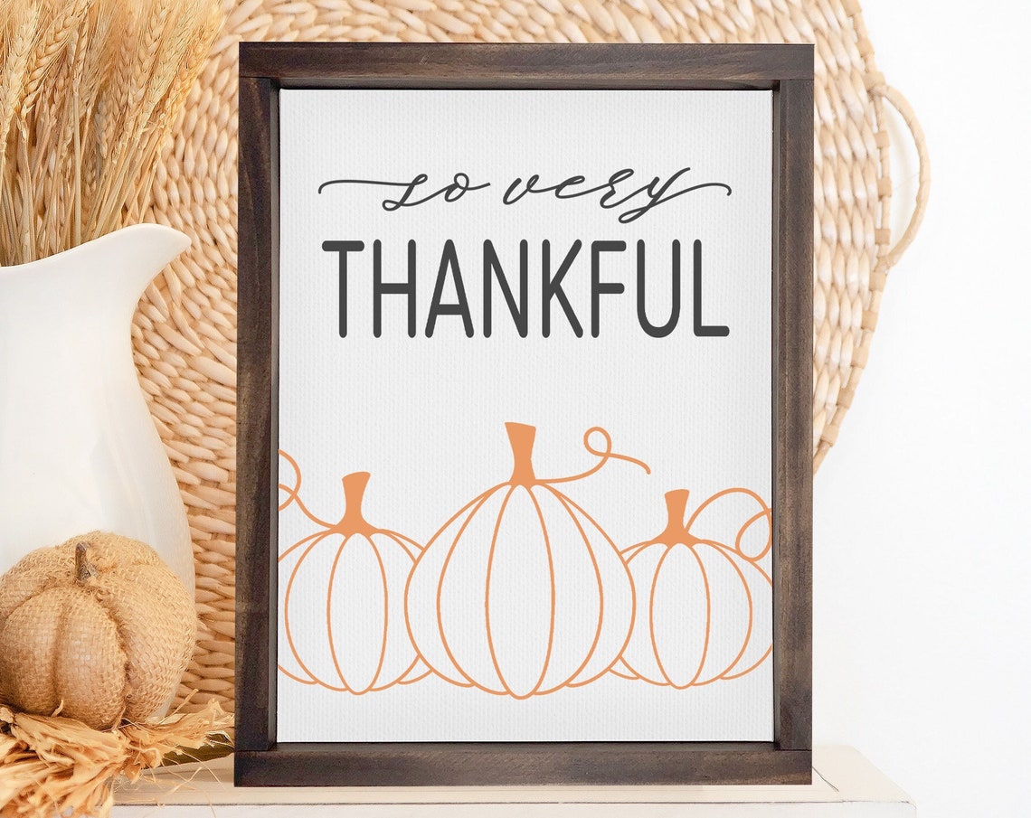 So Very Thankful Orange Pumpkin Line Art Fall Farmhouse Poster