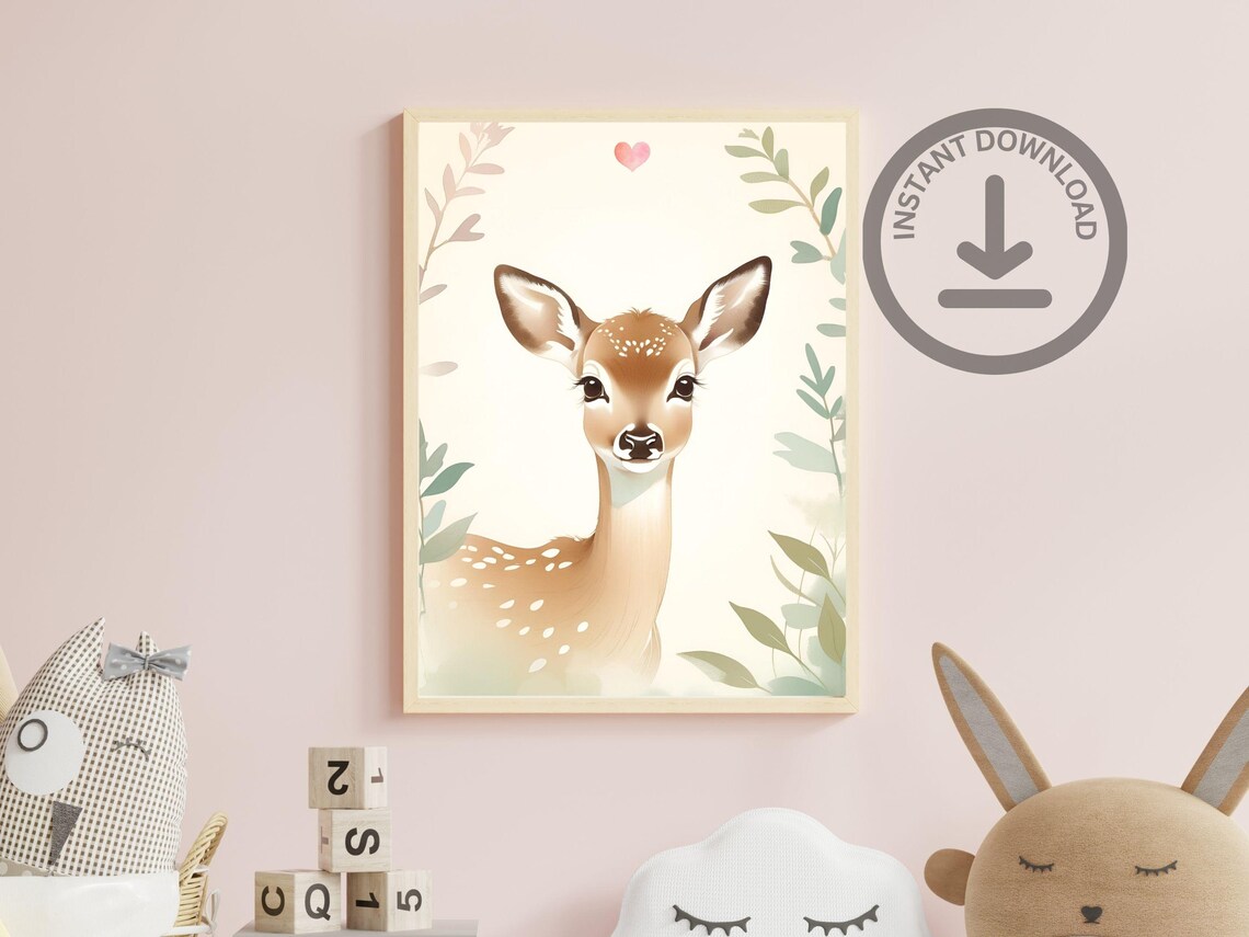 Baby Deer Fawn Watercolor Portrait Cute Woodland Nursery Art Poster