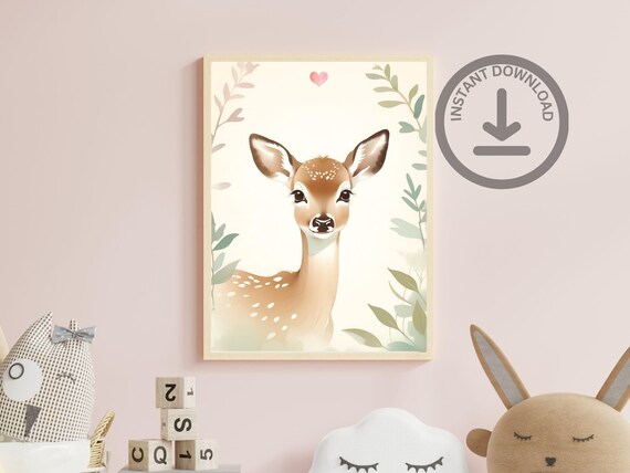 Baby Deer Fawn Watercolor Portrait Cute Woodland Nursery Art Poster