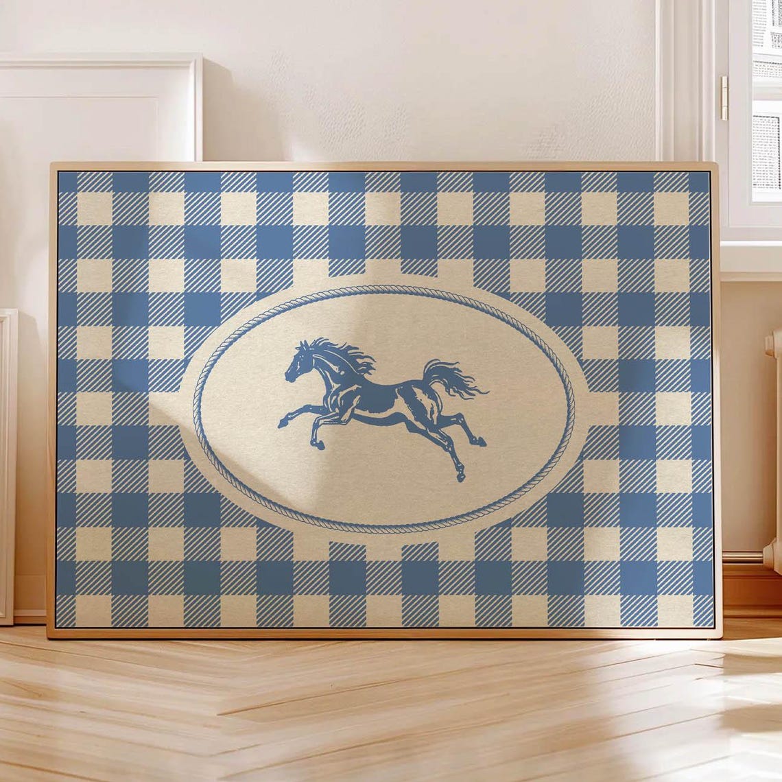 Galloping Horse Blue Plaid Western Wall Art Retro Country Decor