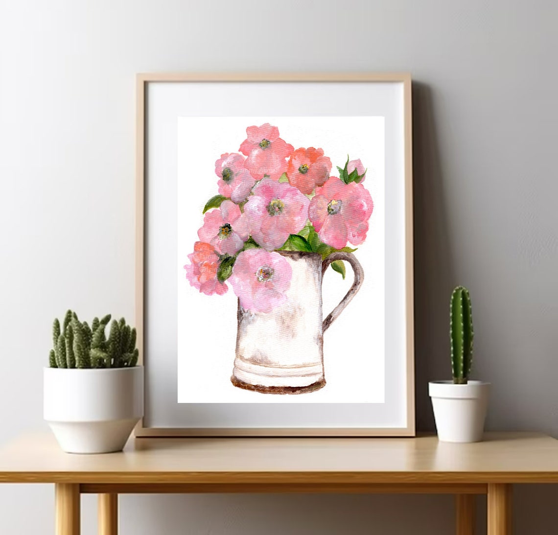 Blush Pink Wildflowers in Enamel Watering Can Watercolor Poster - Image 4