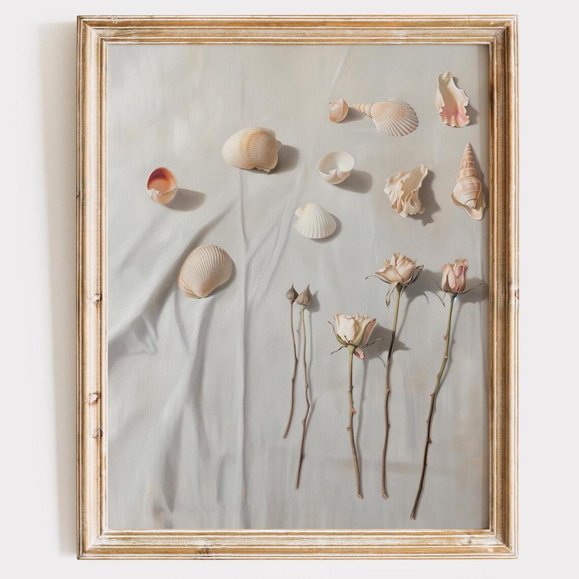 Seashells And Dried Roses Still Life Coastal Neutral Decor Poster