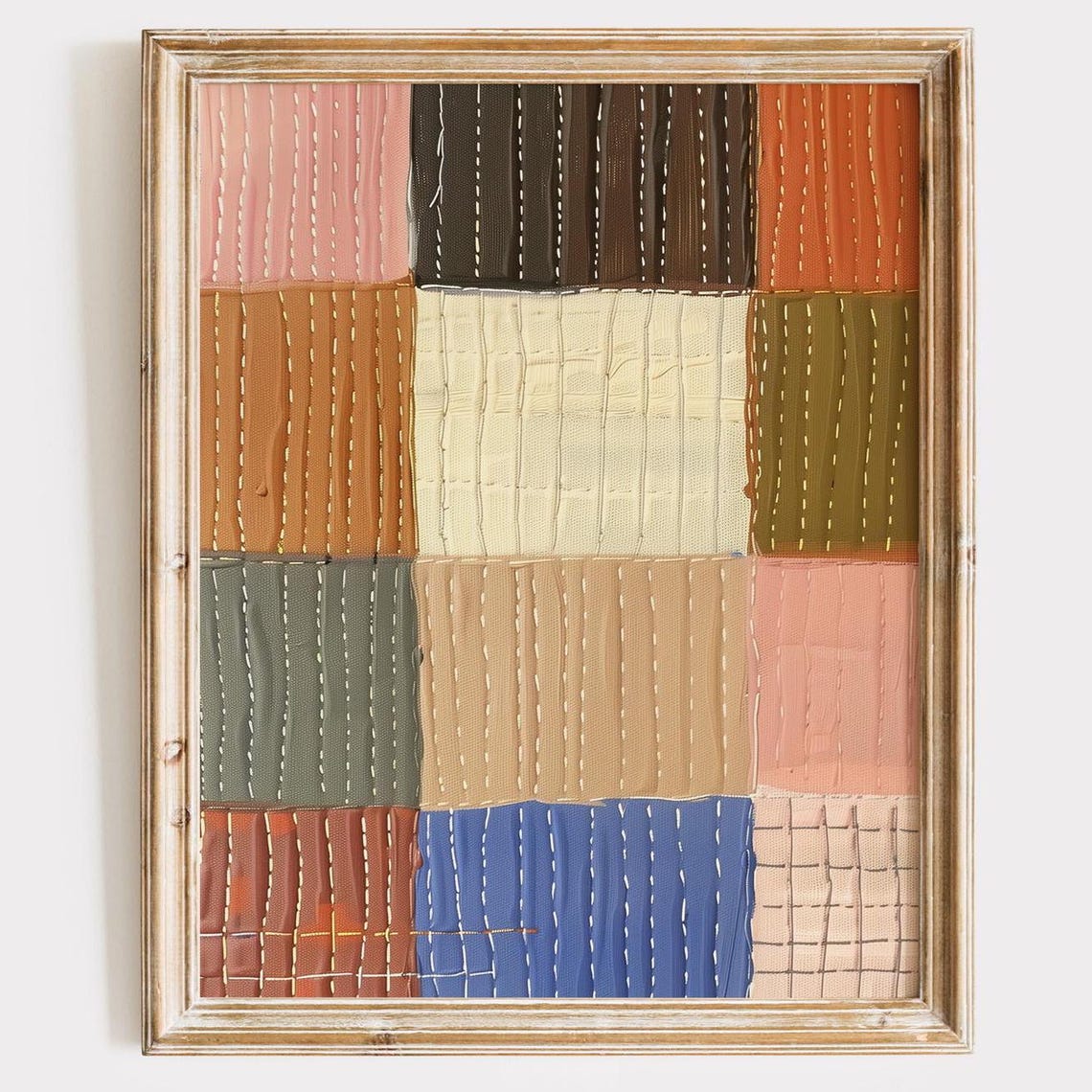Boho Patchwork Quilt Art with Earthy Stitched Squares Poster
