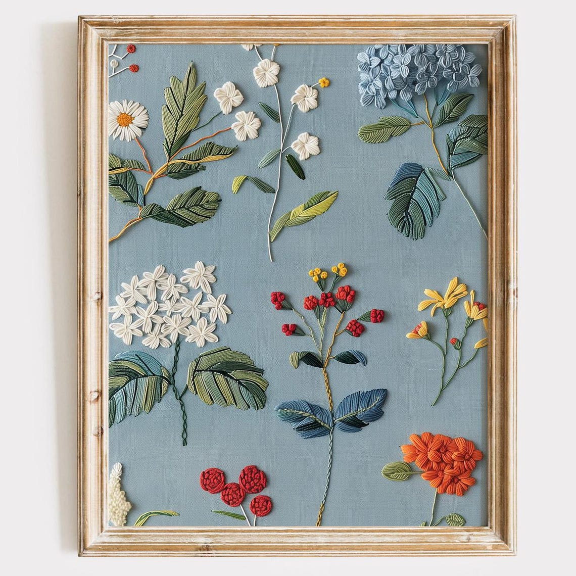 Embroidered Flower Garden Blue Botanical Stitched Floral Wall Poster