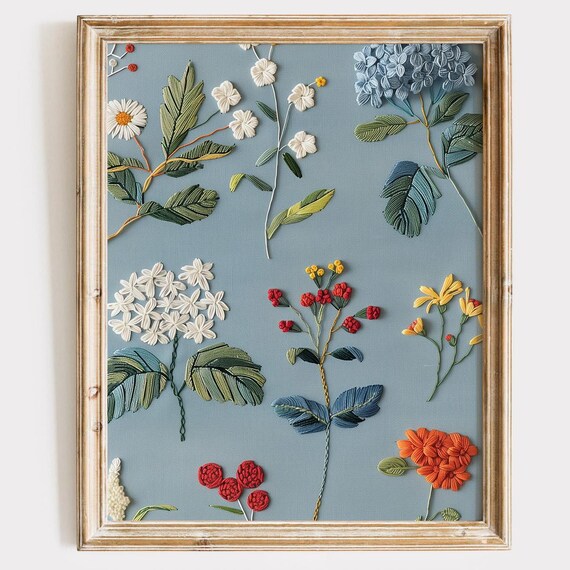 Embroidered Flower Garden Blue Botanical Stitched Floral Wall Poster